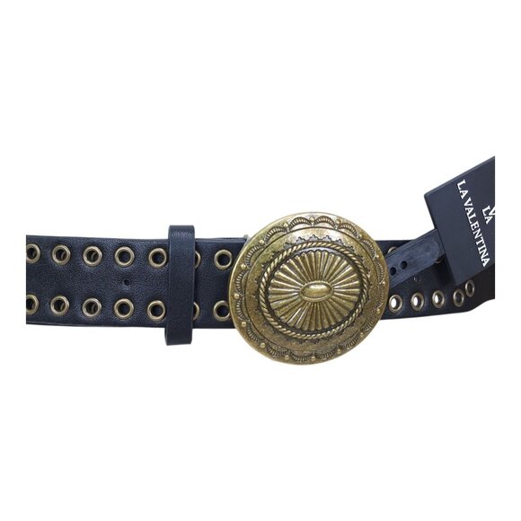 La Valentina Womens Black Belt M/L With Brass Buckle & Eyelets 1 7/8" Wide 43" L - Picture 2 of 13